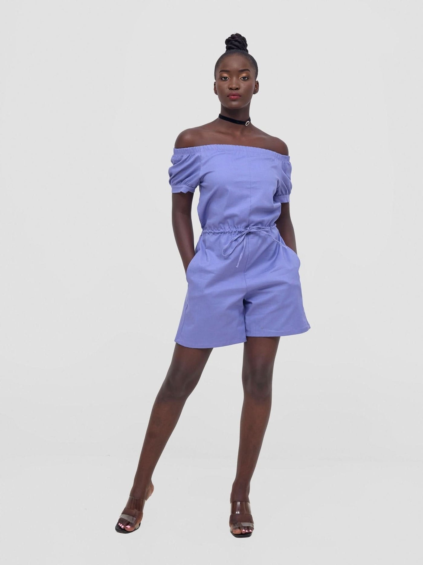 Zoya Nia Puff Sleeve Off Shoulder Romper - Lilac - Shopzetu