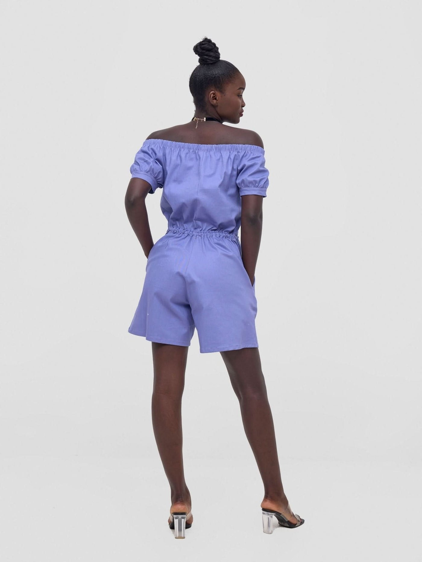 Zoya Nia Puff Sleeve Off Shoulder Romper - Lilac - Shopzetu