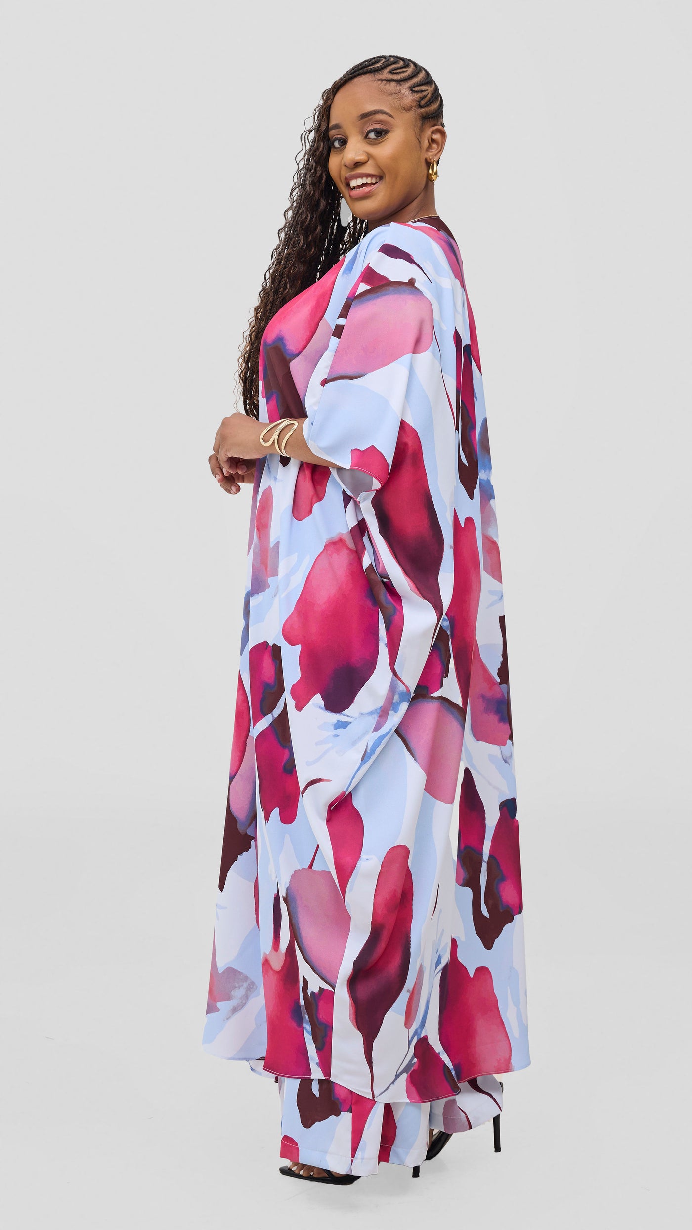 Vivo Ayla Maxi Kimono - Light Blue / Burgundy Dola Print
