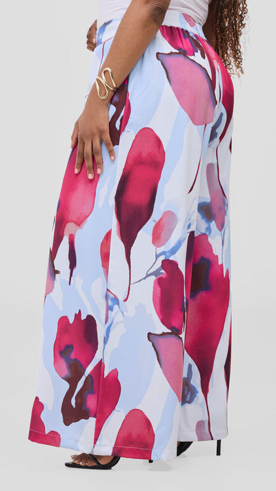Vivo Ayla Crepe Pants - Light Blue / Burgundy Dola Print