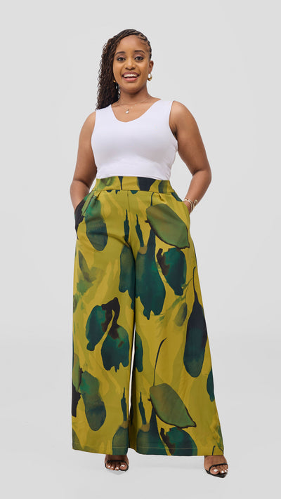 Vivo Ayla Crepe Pants - Olive / Dark Green Dola Print