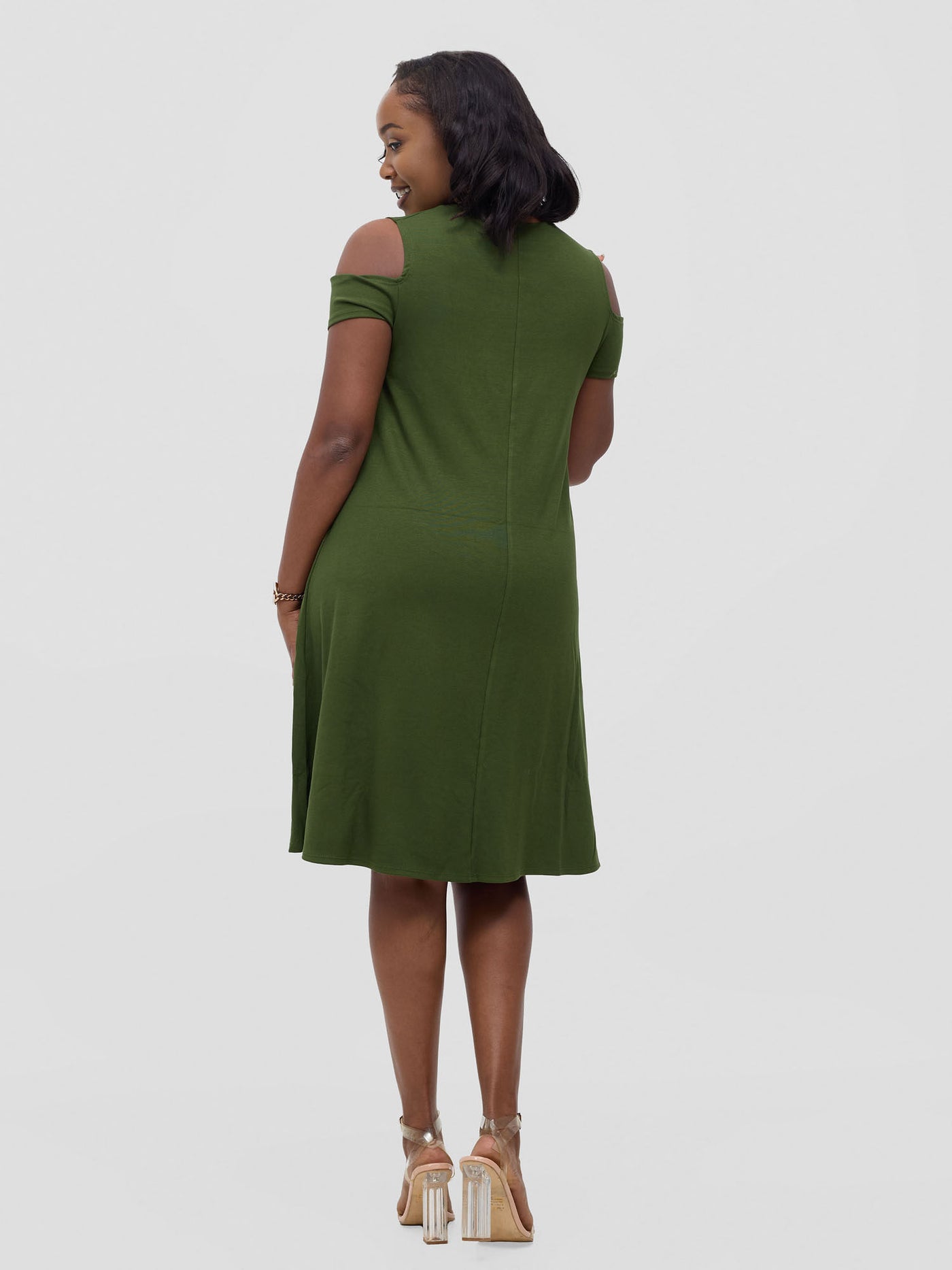 Vivo Lamu Knee Length Cold Shoulder Dress - Hunters Green