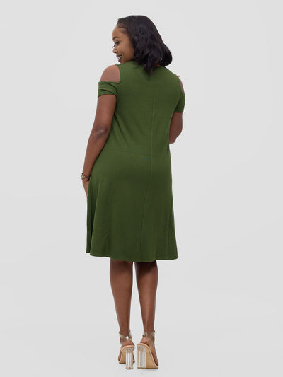 Vivo Lamu Knee Length Cold Shoulder Dress - Hunters Green