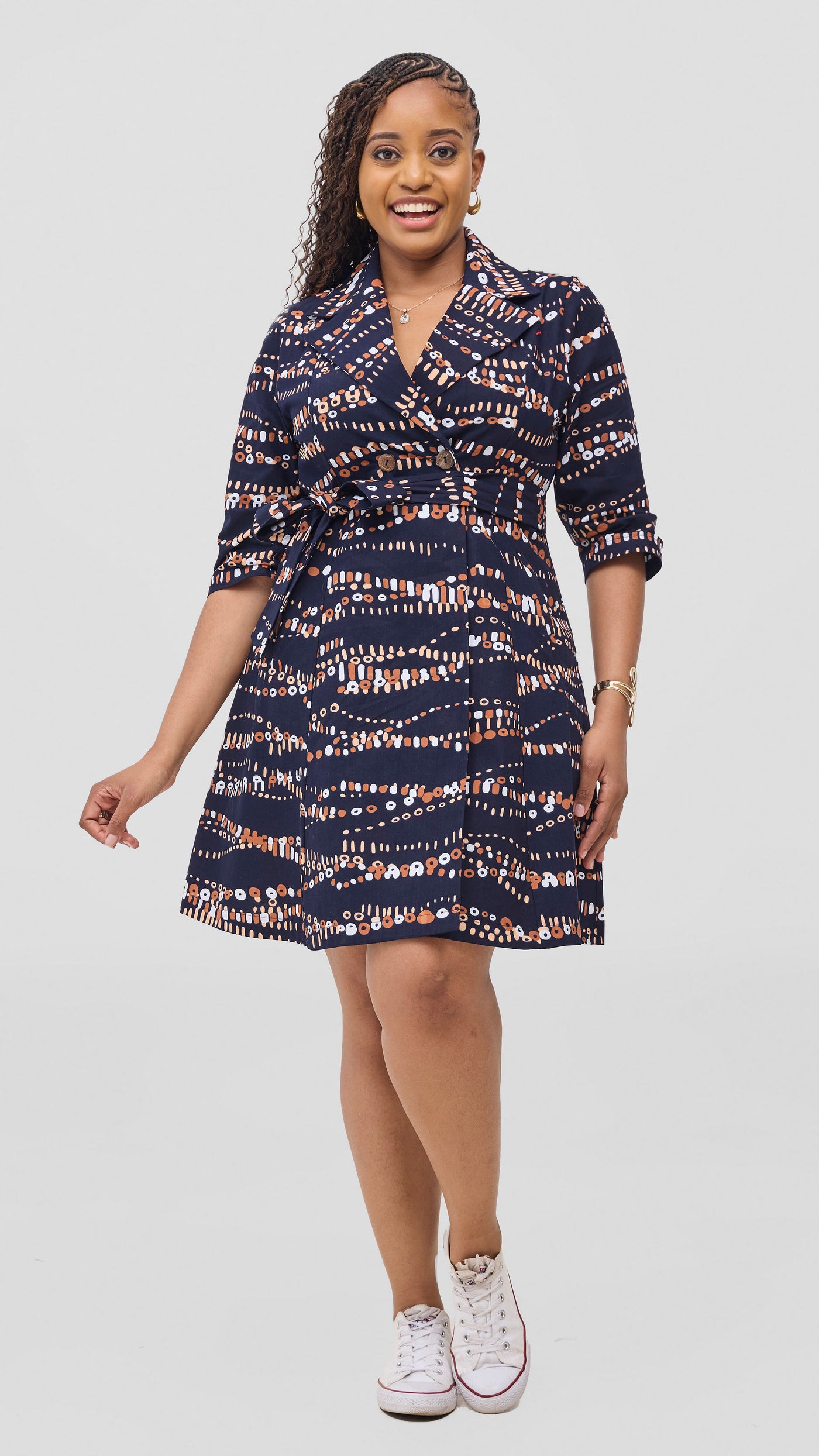 Safari Nazari Coat Dress - Navy / Brown Chiku Print
