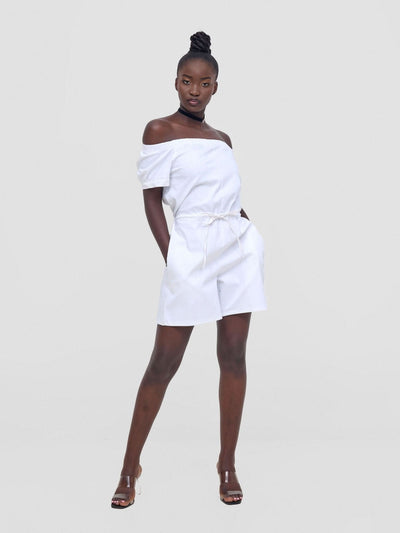 Zoya Nia Puff Sleeve Off Shoulder Romper - White - Shopzetu