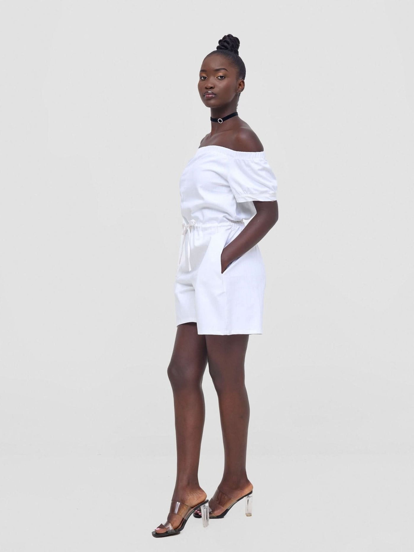 Zoya Nia Puff Sleeve Off Shoulder Romper - White - Shopzetu