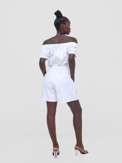 Zoya Nia Puff Sleeve Off Shoulder Romper - White - Shopzetu