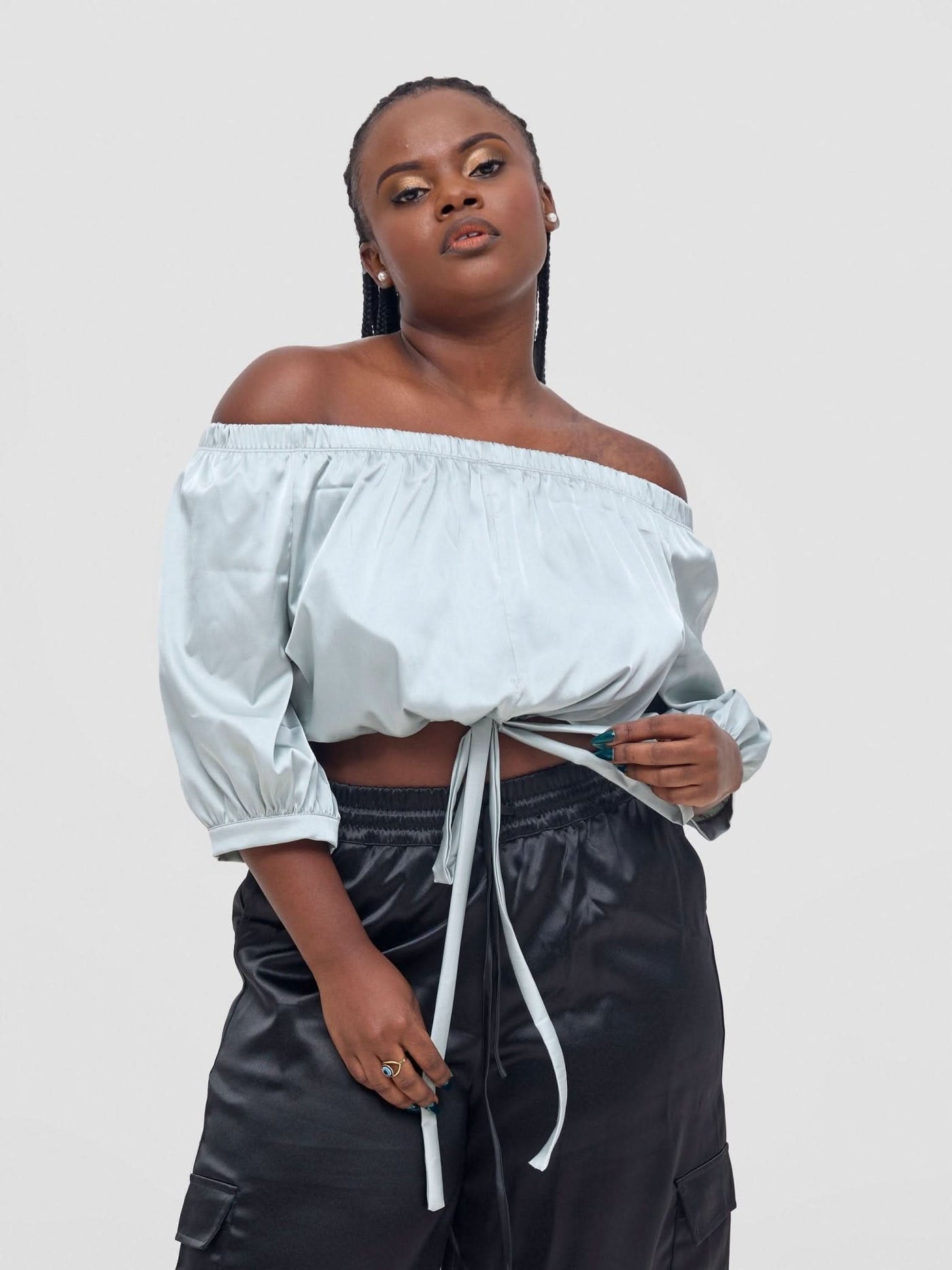 Zoya Nia Off Shoulder Puff Sleeve Top - Light Grey - Shopzetu
