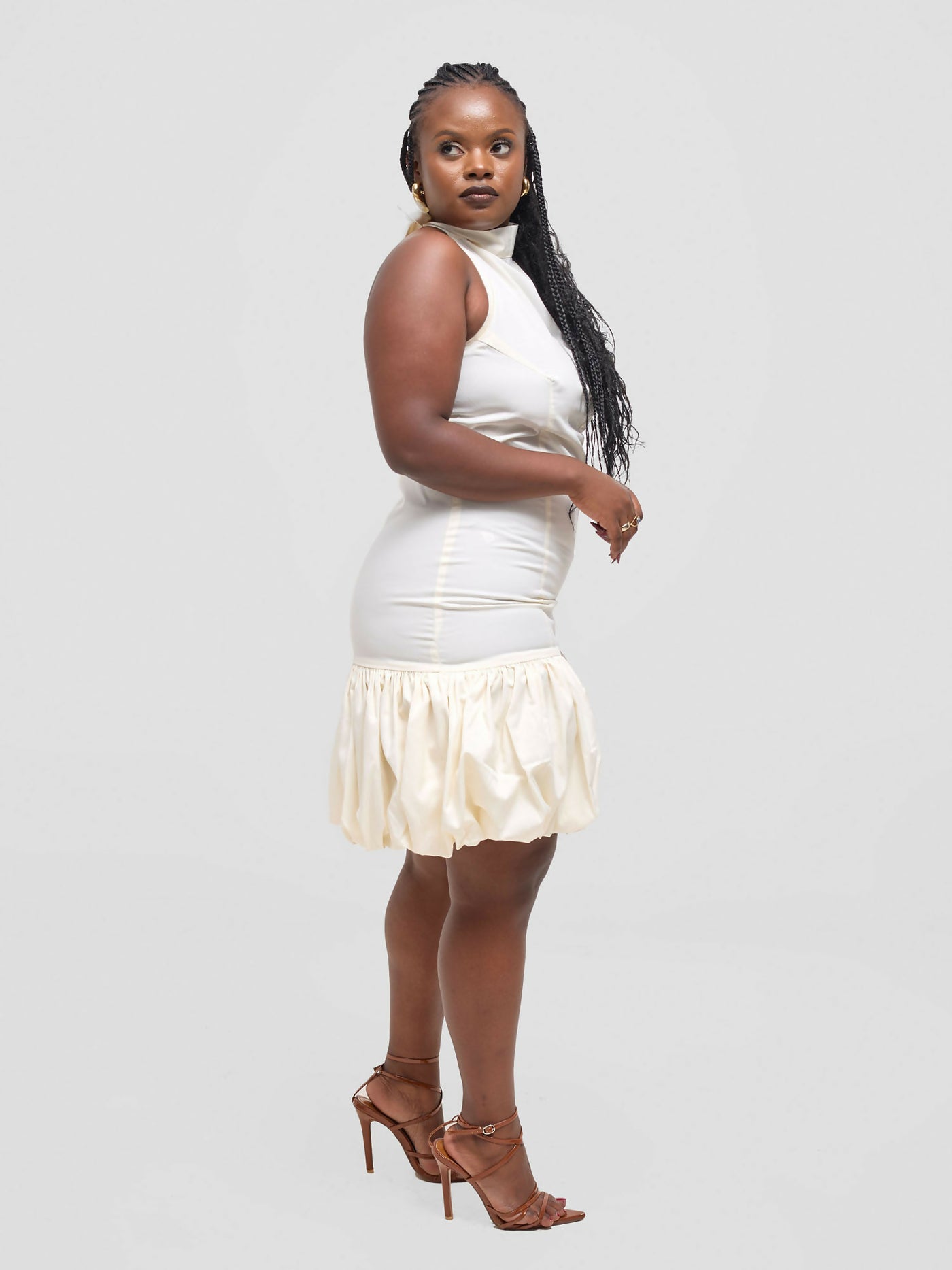 Pure Buxom Polka Bubble Hem Halter Mini Dress - Cream - Shopzetu
