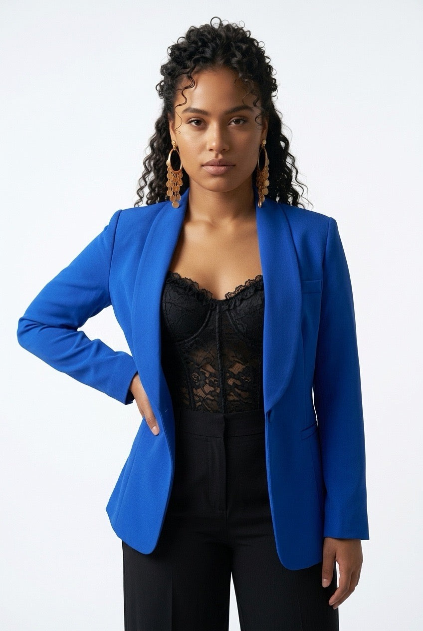 Stylish Sisters Shawl-Collar Belted Tailored Tuxedo Blazer - Royal Blue