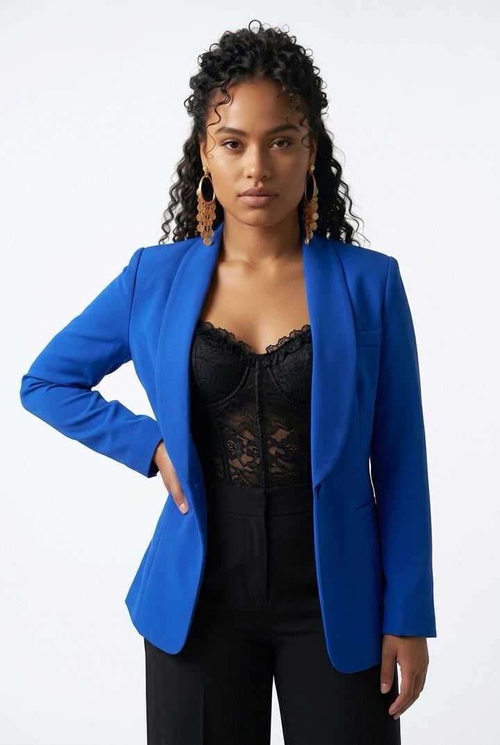 Stylish Sisters Shawl-Collar Belted Tailored Tuxedo Blazer - Royal Blue
