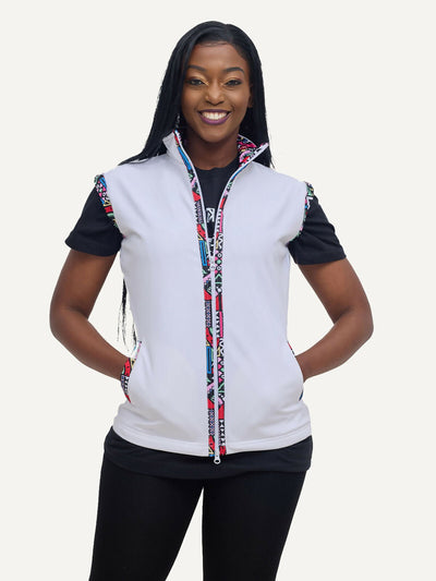 Kitu Kali Ladies Softshell Sleeveless Jacket - White / Pink Tribal - Shopzetu