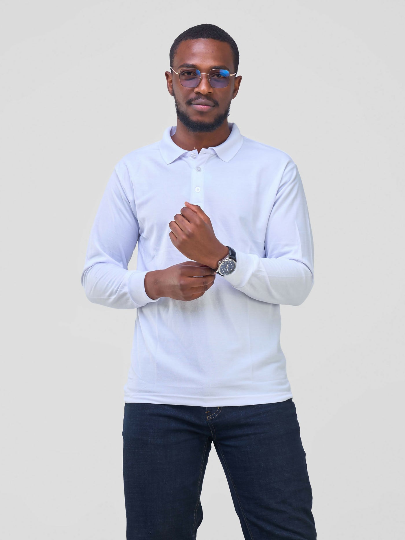 Long Sleeved Polo T/Shirt - White - Shopzetu
