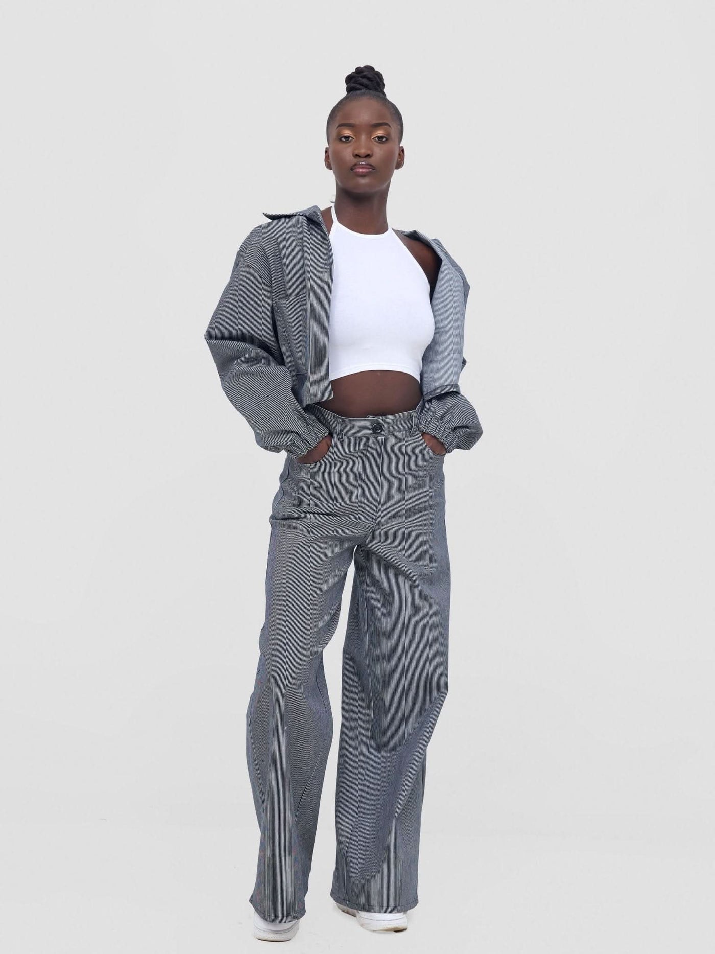 Zoya Nia Wide Leg Denim Pants - Tickling Stripes Print - Shopzetu