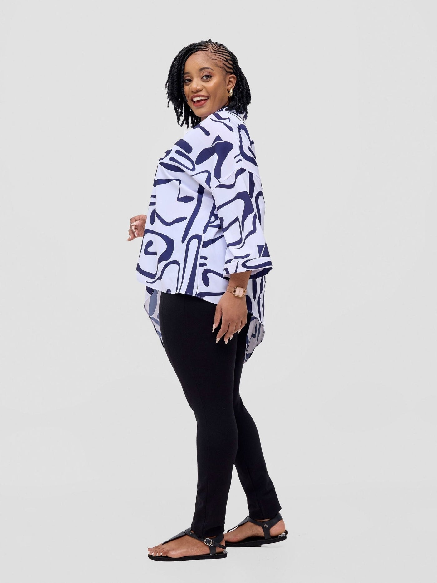 Vivo Serwa Asymmetric Top - White / Navy Sera Print - Shopzetu