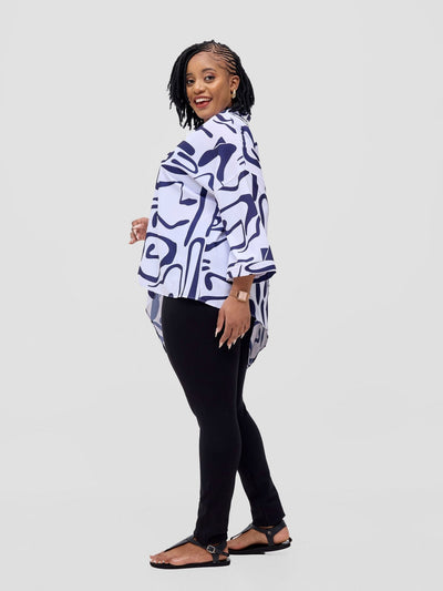 Vivo Serwa Asymmetric Top - White / Navy Sera Print - Shopzetu