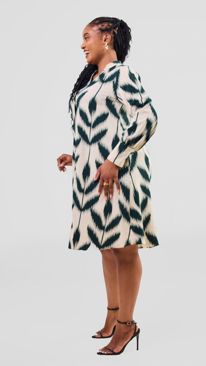 Vivo Kani Tent Shirt Dress - Dark Green / Cream Print