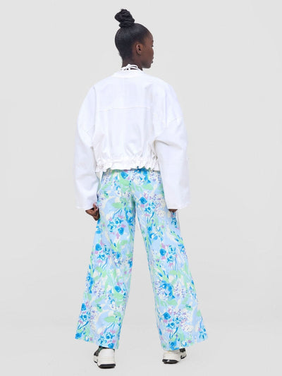 Zoya Nia Wide Leg Denim Pants - Blue / White Abstract Print - Shopzetu