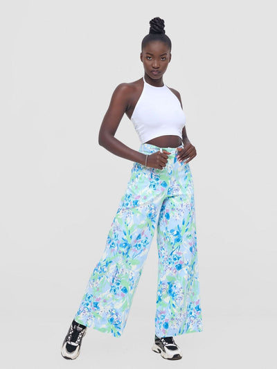 Zoya Nia Wide Leg Denim Pants - Blue / White Abstract Print - Shopzetu