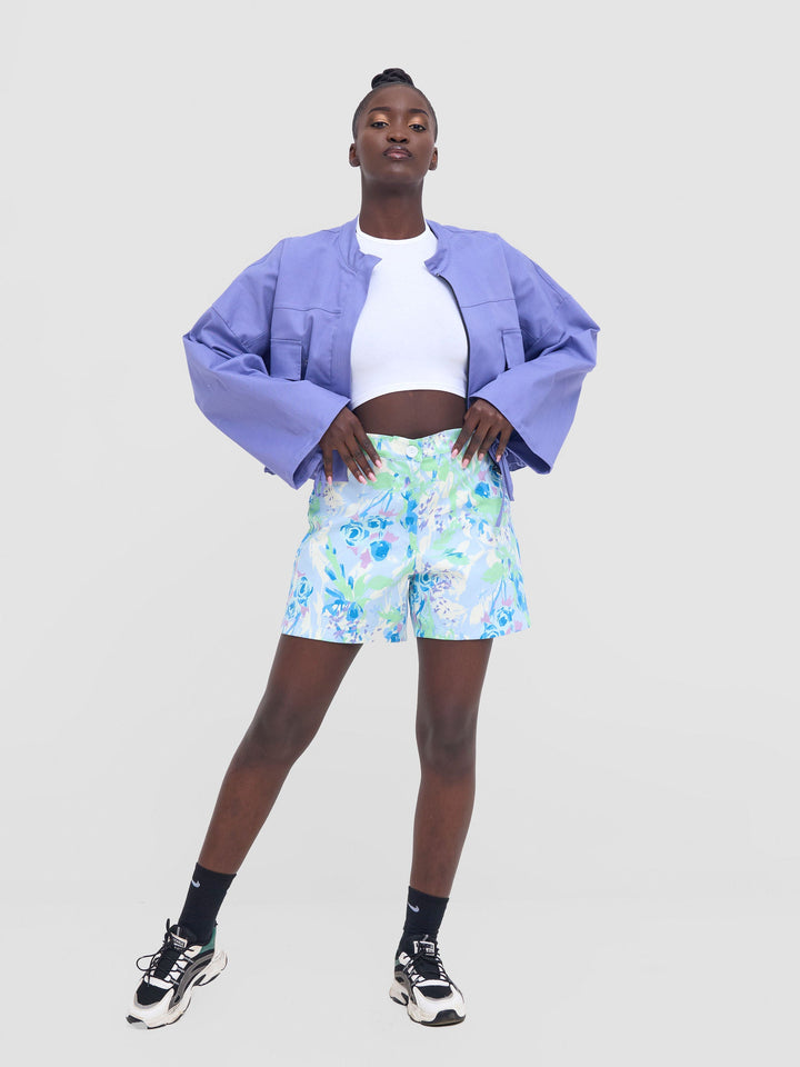 Zoya Nia Wide Leg Shorts - Blue/Lime Green Abstract print