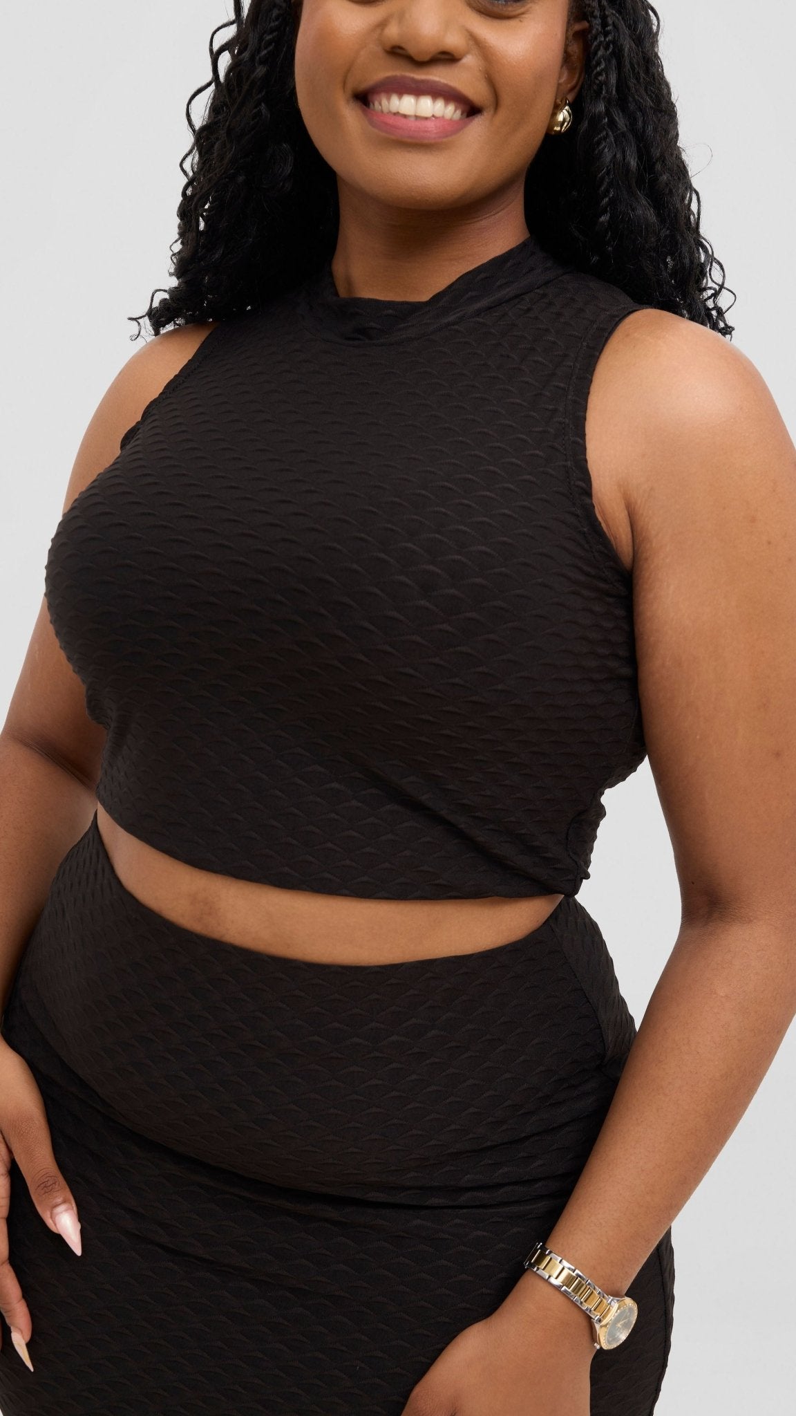 Vivo Kaisa Mock Neck Sleeveless Top - Black Hill Texture - Shopzetu