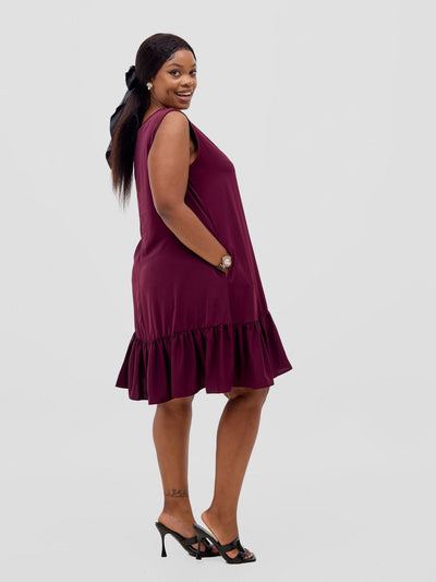 Vivo Dalia Sleeveless Gathered Tent Dress - Burgundy - Shopzetu