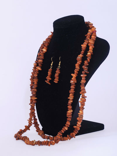 Double Layered Ceramic Beads Necklace Set - Brown - Shopzetu