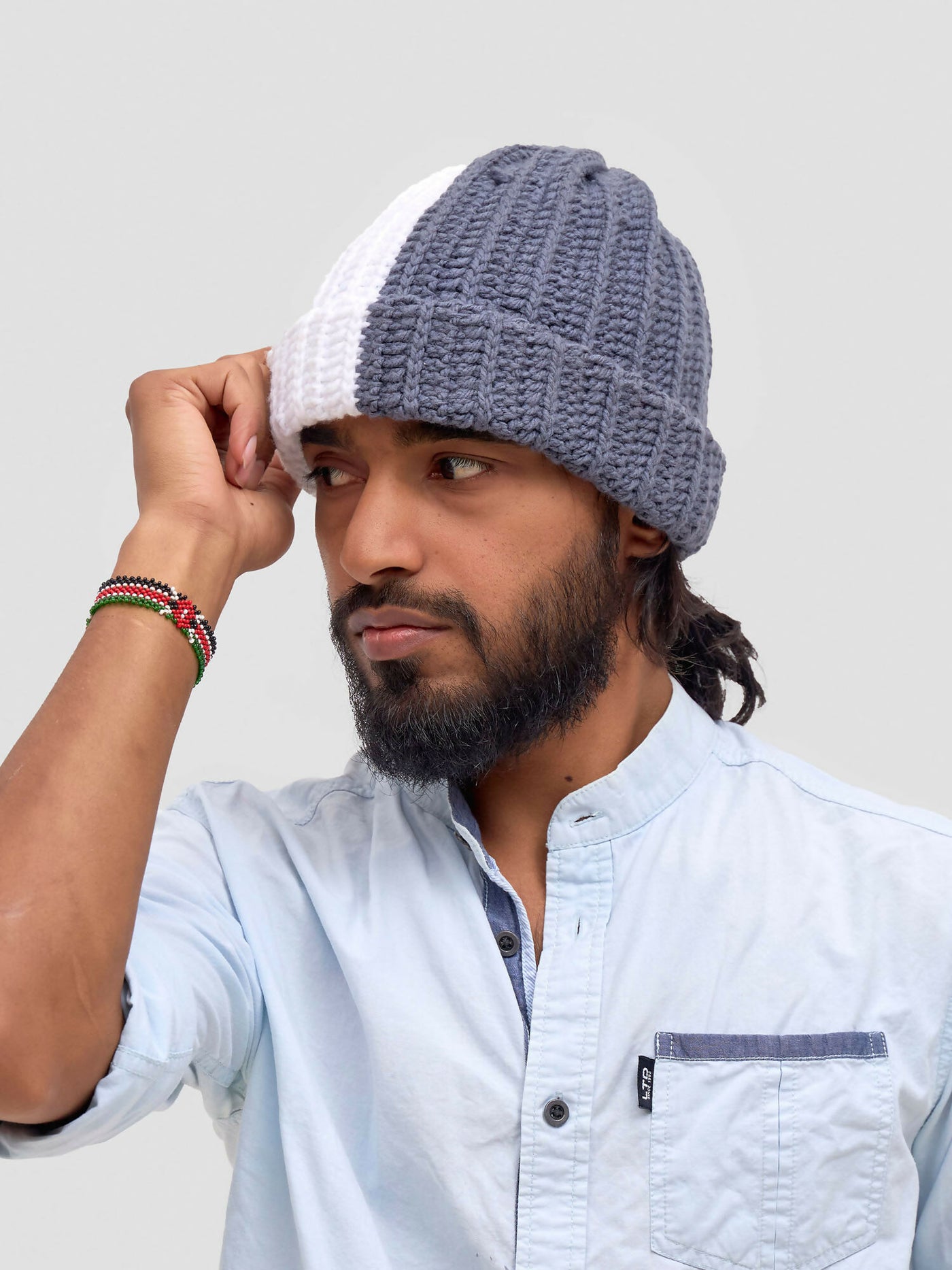 Twist & Turn Beanie Hat - Grey / White - Shopzetu