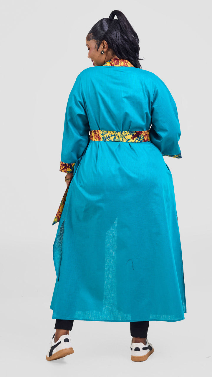 Safari Tafari High Slit Kimono - Teal / Keta Print