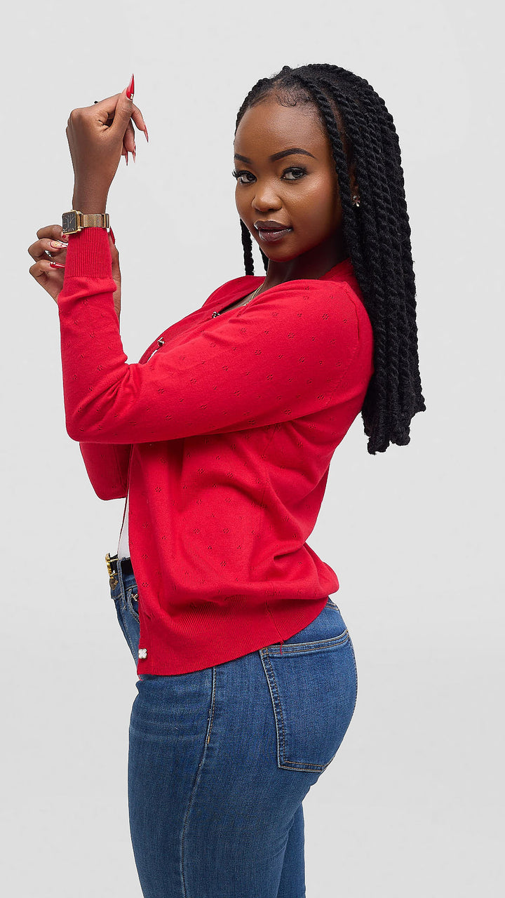 The Fashion Frenzy Pointelle Button Through Knit Cardigan – Red