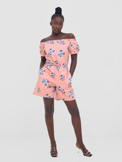 Zoya Nia Puff Sleeve Off Shoulder Romper - Peach / Blue Floral - Shopzetu