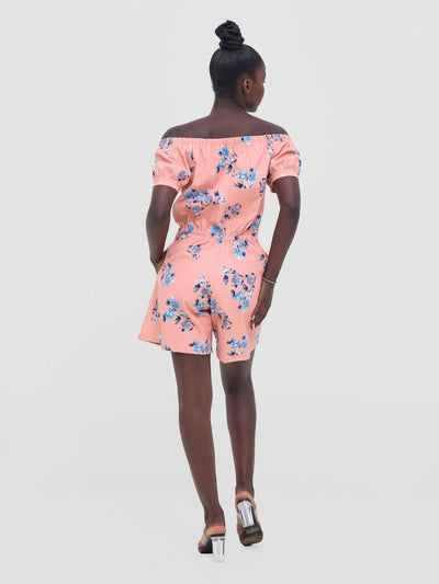 Zoya Nia Puff Sleeve Off Shoulder Romper - Peach / Blue Floral - Shopzetu