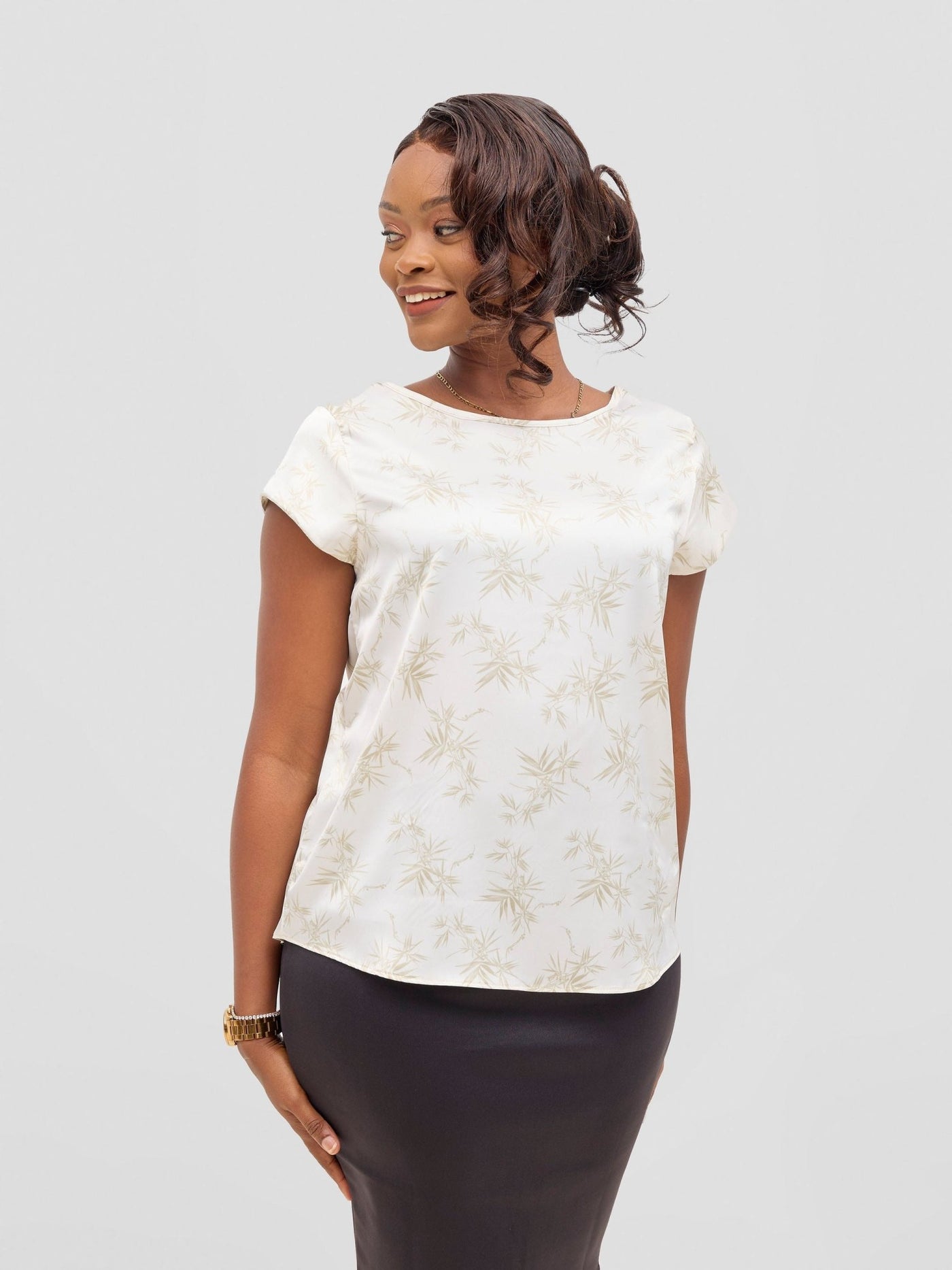 Vivo Basic Satin Cap Sleeve Top - Taupe / Brown Bia Print - Shopzetu