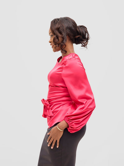 Vivo Basic Izzy Satin Bishop Sleeve Top - Hot Pink - Shopzetu