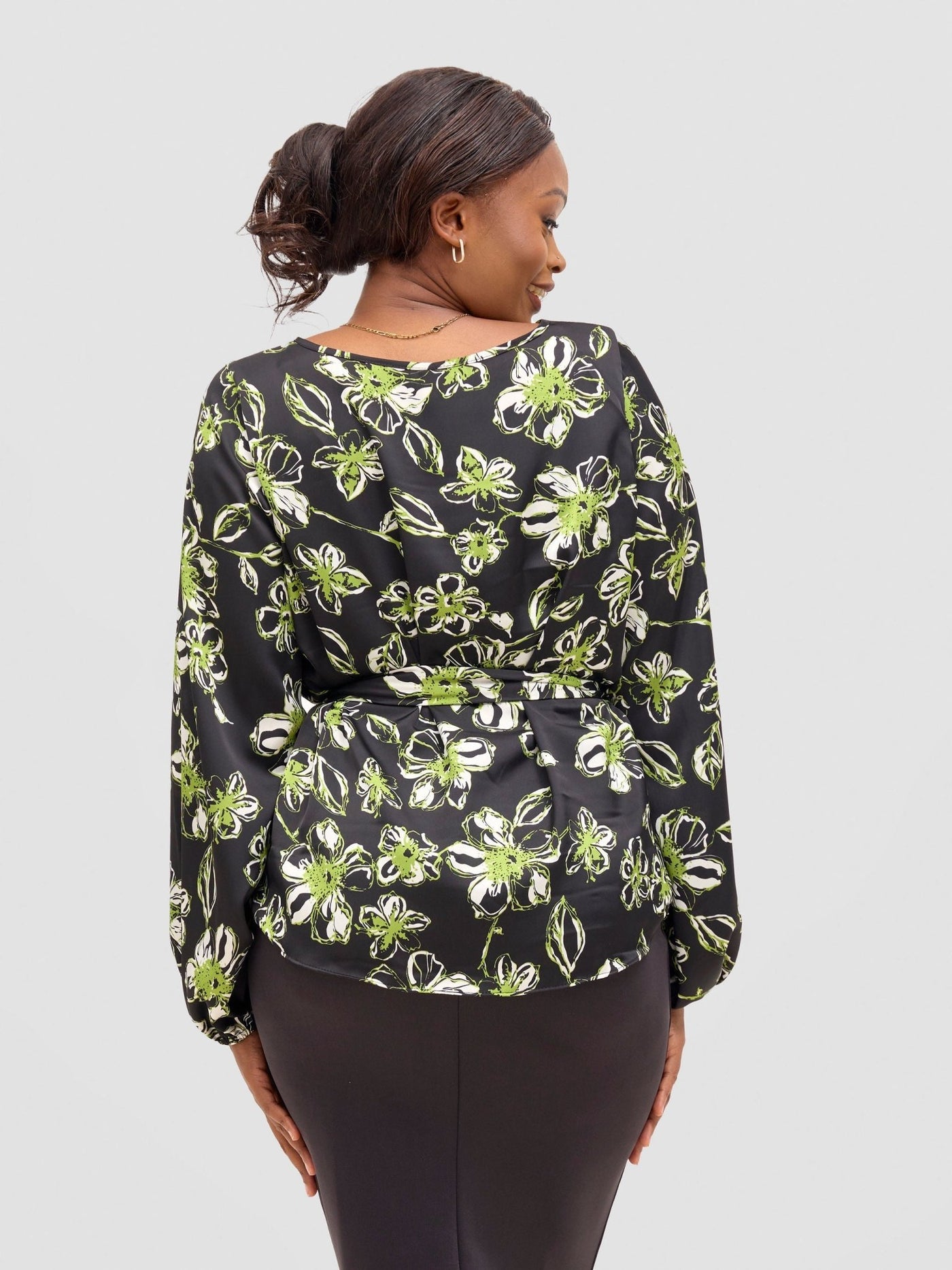 Vivo Basic Satin Bishop Sleeved Top - Black / Green Bai Print - Shopzetu