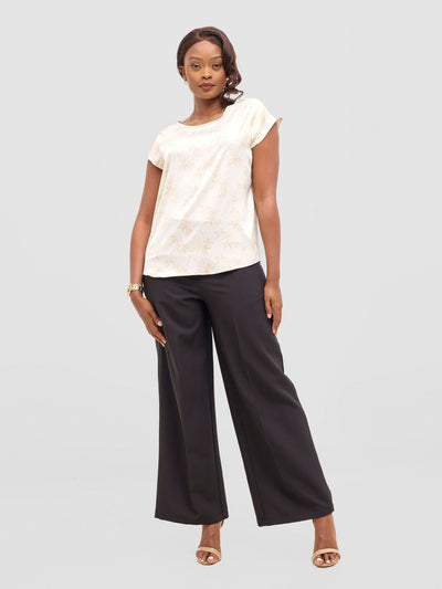 Vivo Basic Satin Cap Sleeve Top - White / Olive Bia Print - Shopzetu