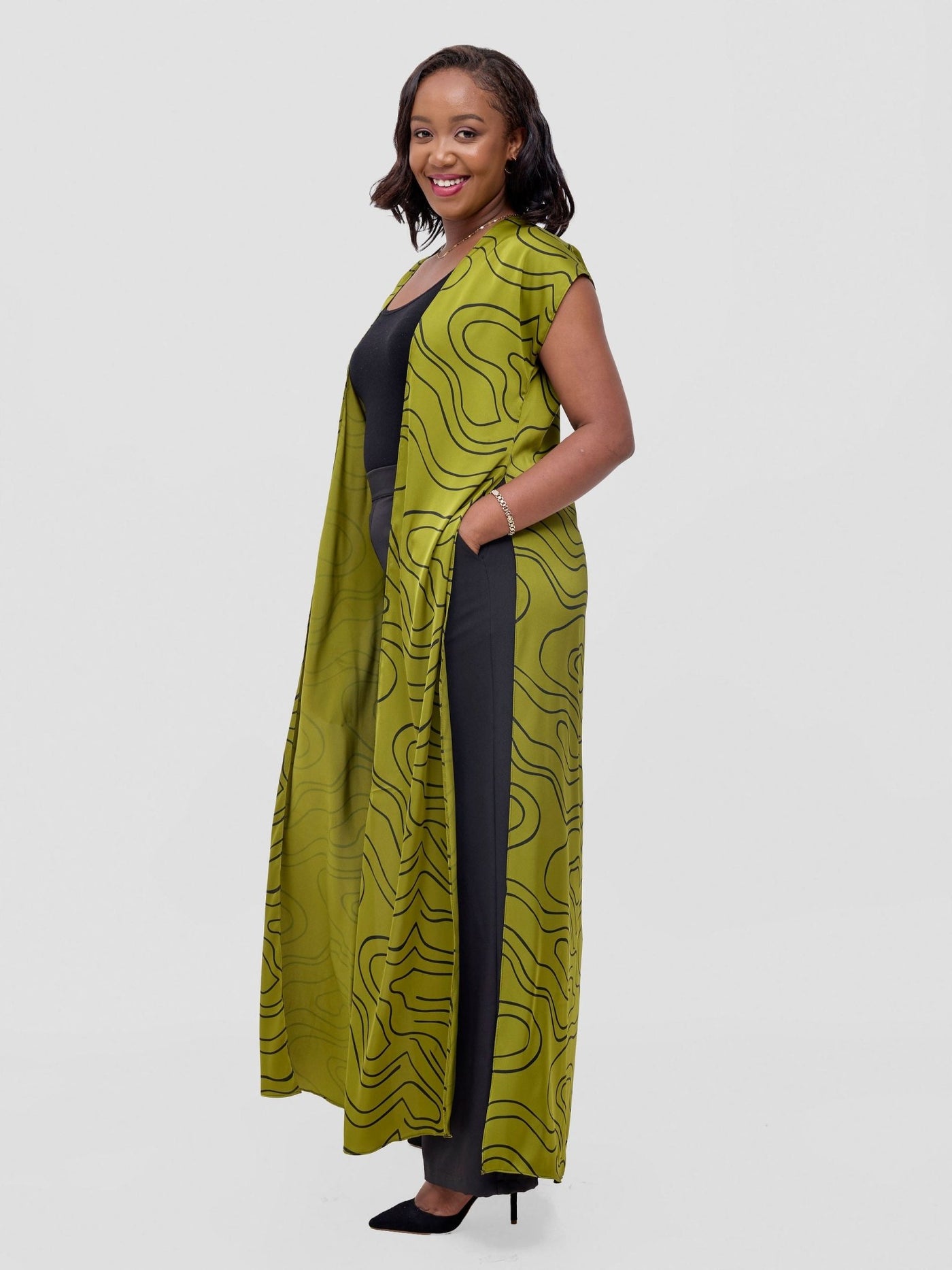 Vivo Chidii Drop Shoulder Kimono - Olive / Black Hini Print - Shopzetu