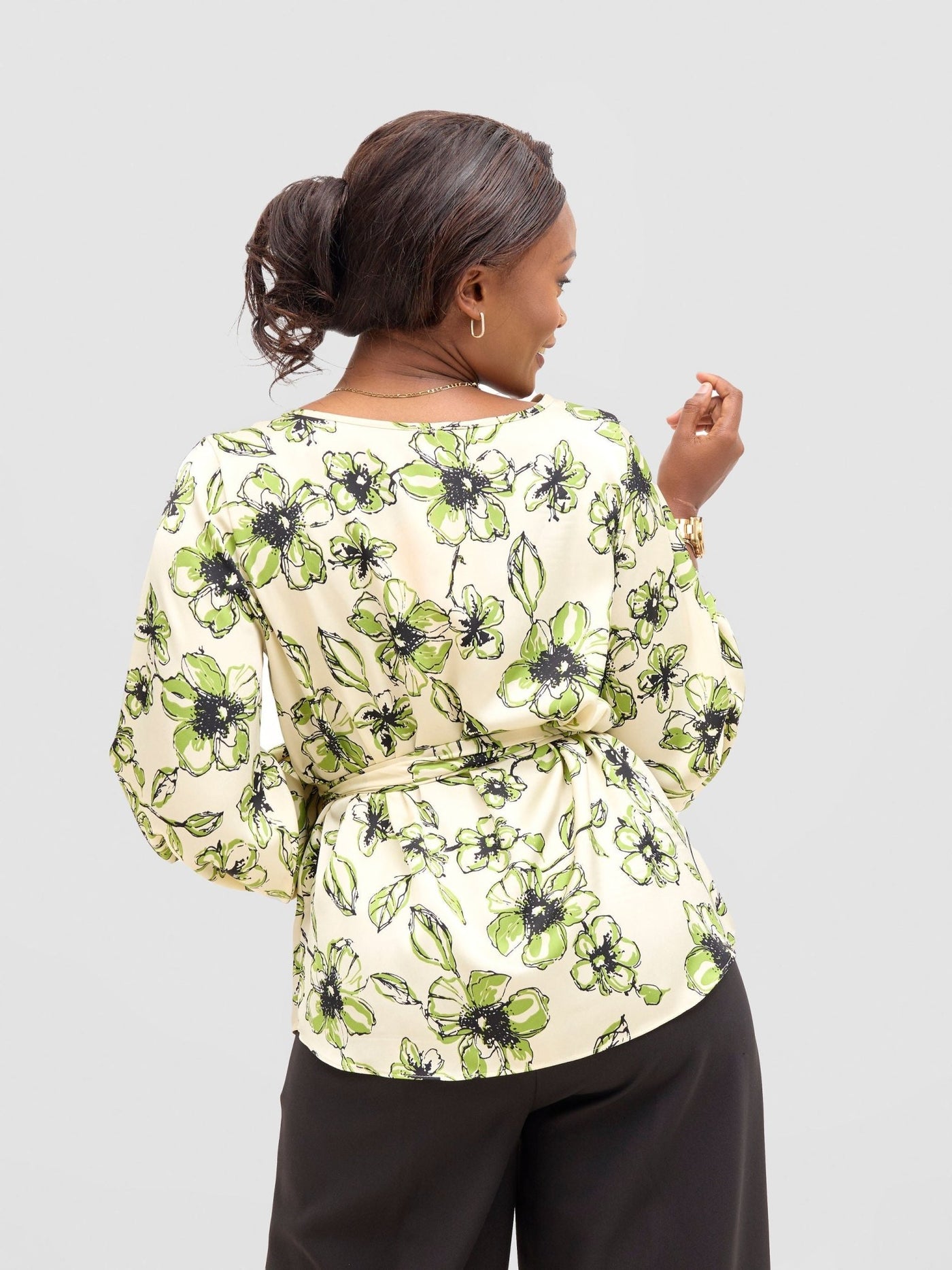 Vivo Basic Satin Bishop Sleeved Top - Beige / Green Bai Print - Shopzetu