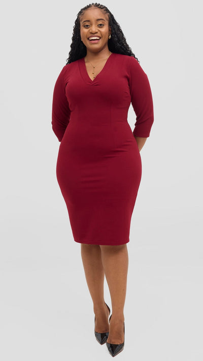 Vivo J.O V - Neck Sheath Dress - Wine Red - Shopzetu