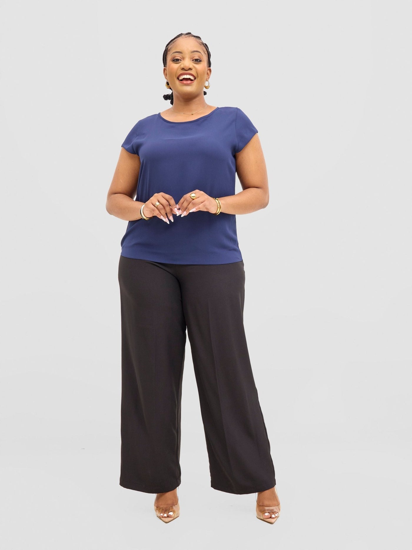 Vivo Basic Chiffon Cap Sleeve Top (Double Layered) - Light Navy - Shopzetu