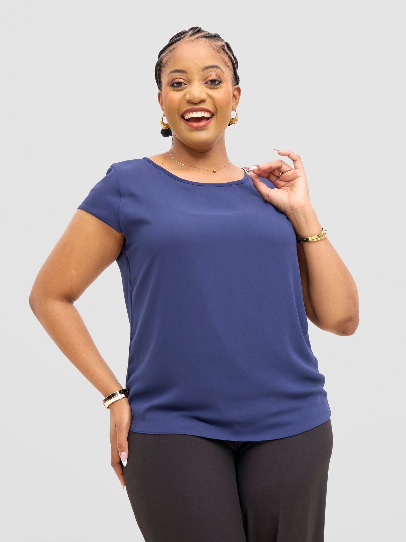 Vivo Basic Chiffon Cap Sleeve Top (Double Layered) - Light Navy - Shopzetu