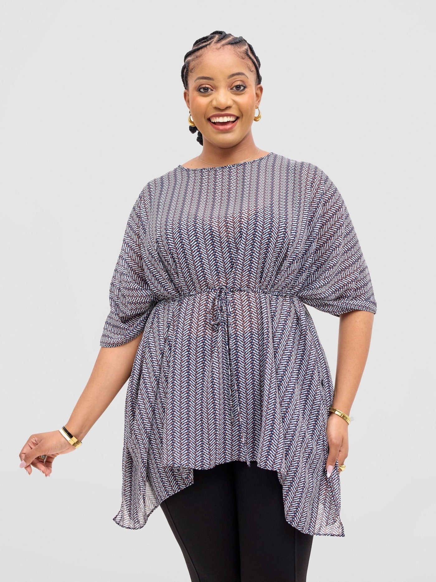 Vivo Basic Chiffon Tie Kaftan Top - Navy / Rust Pia Print - Shopzetu