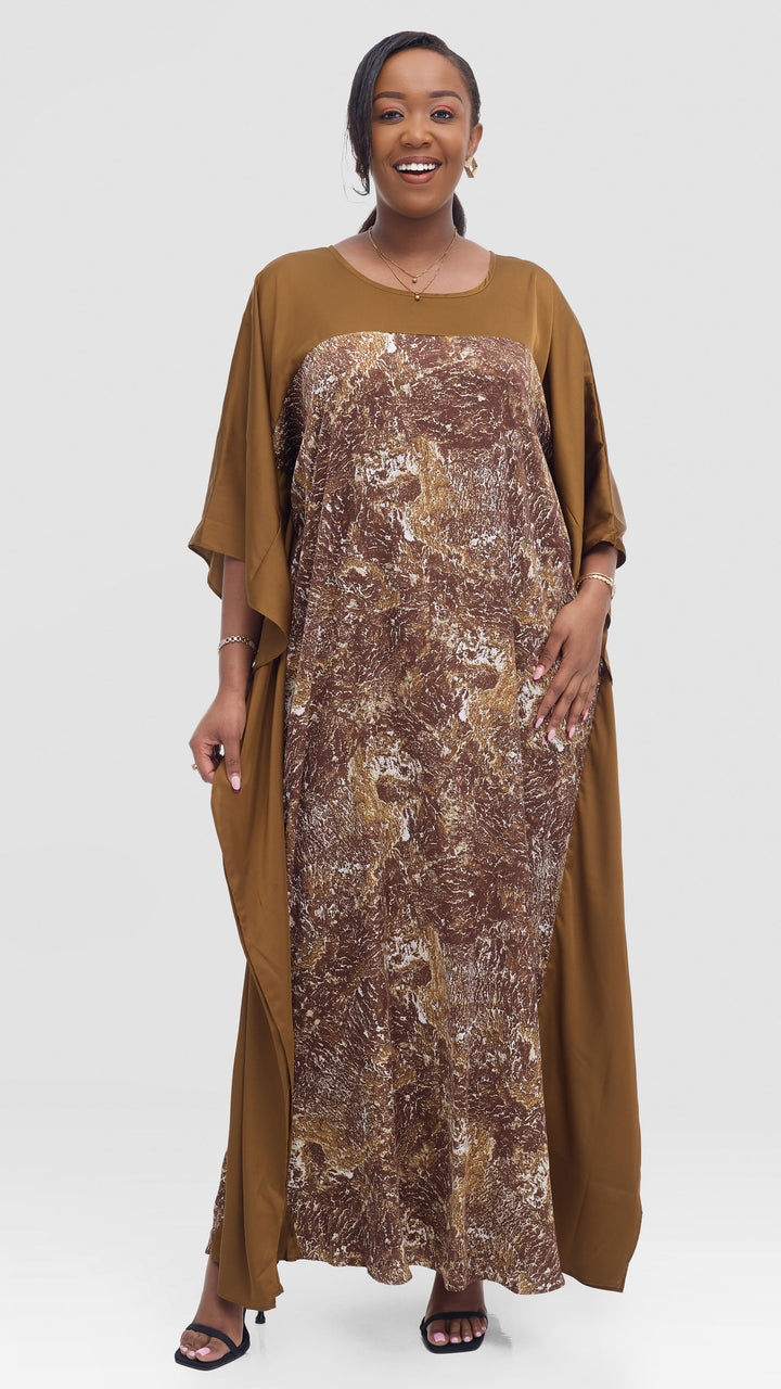 Vivo Keza Satin Border Maxi Kaftan - Brown / Cream Abstract Print