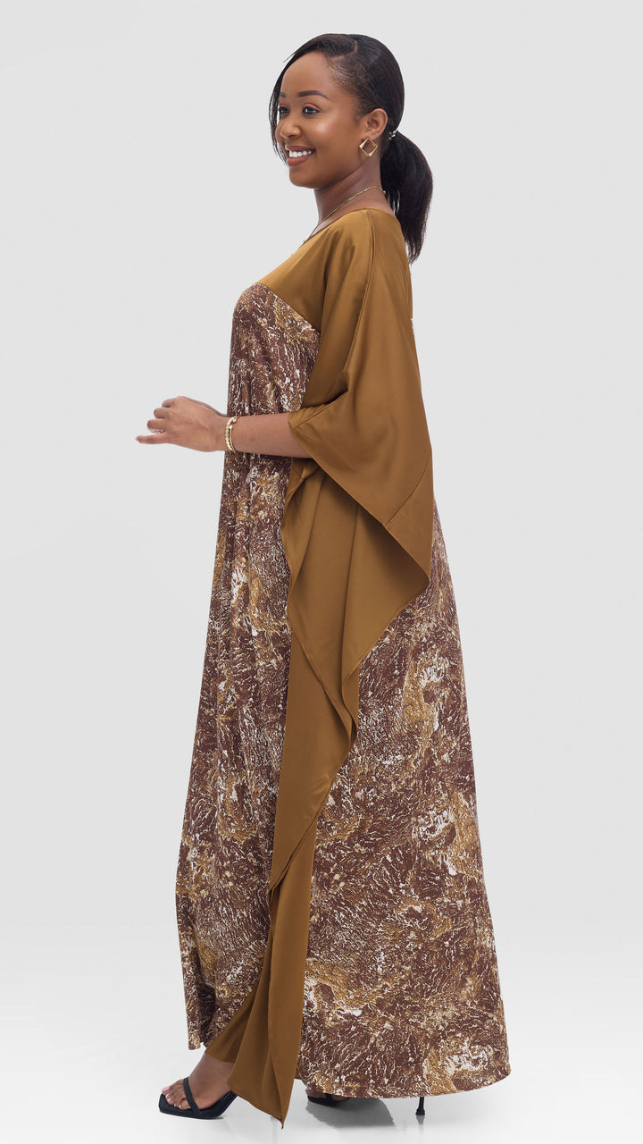 Vivo Keza Satin Border Maxi Kaftan - Brown / Cream Abstract Print