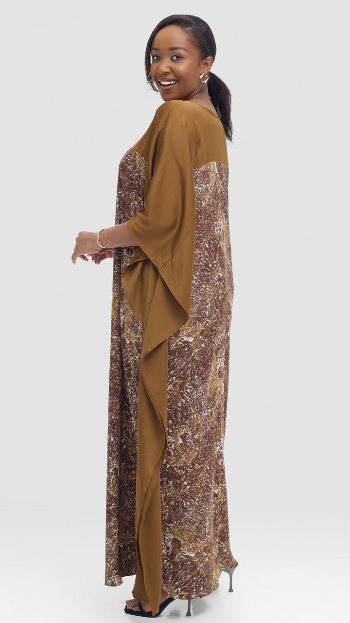 Vivo Keza Satin Border Maxi Kaftan - Brown / Cream Abstract Print