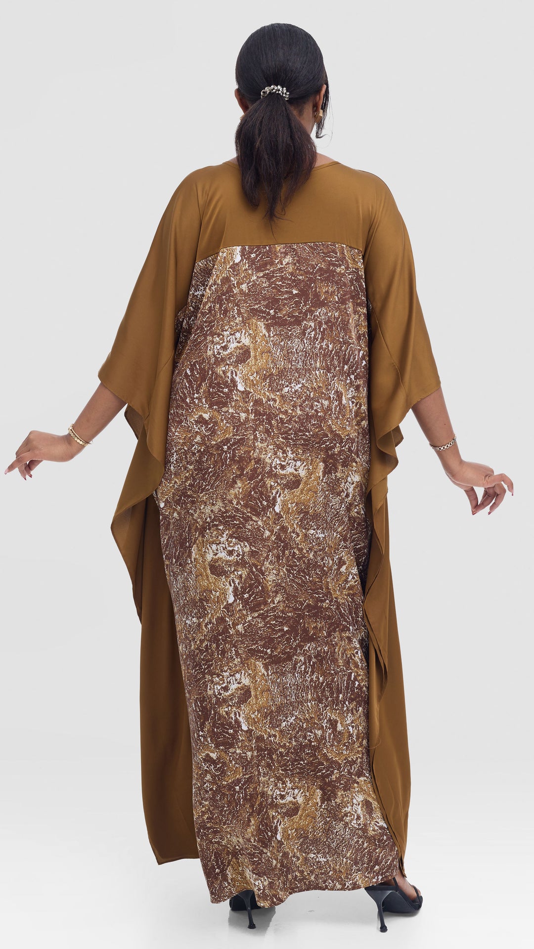 Vivo Keza Satin Border Maxi Kaftan - Brown / Cream Abstract Print