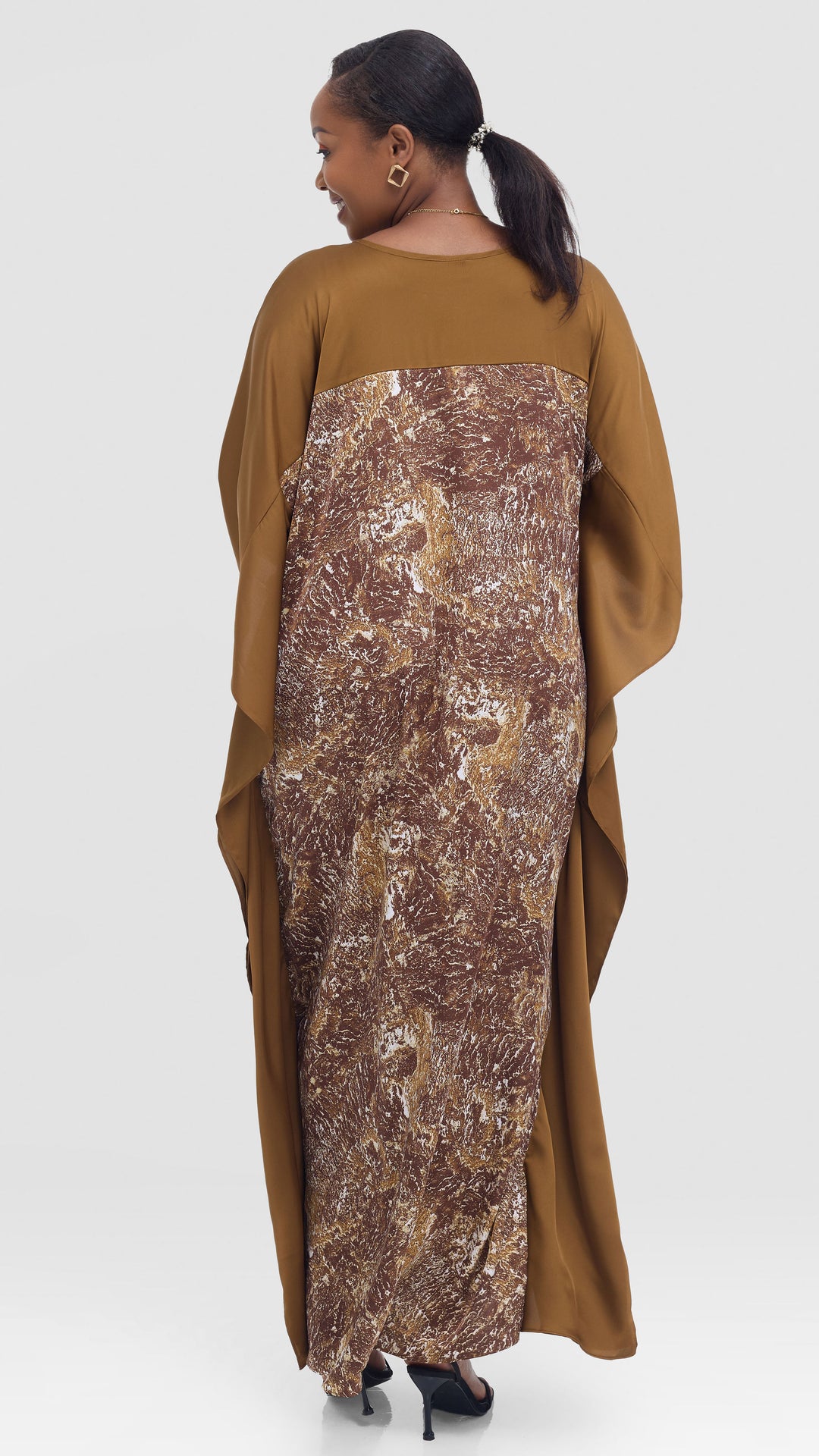 Vivo Keza Satin Border Maxi Kaftan - Brown / Cream Abstract Print