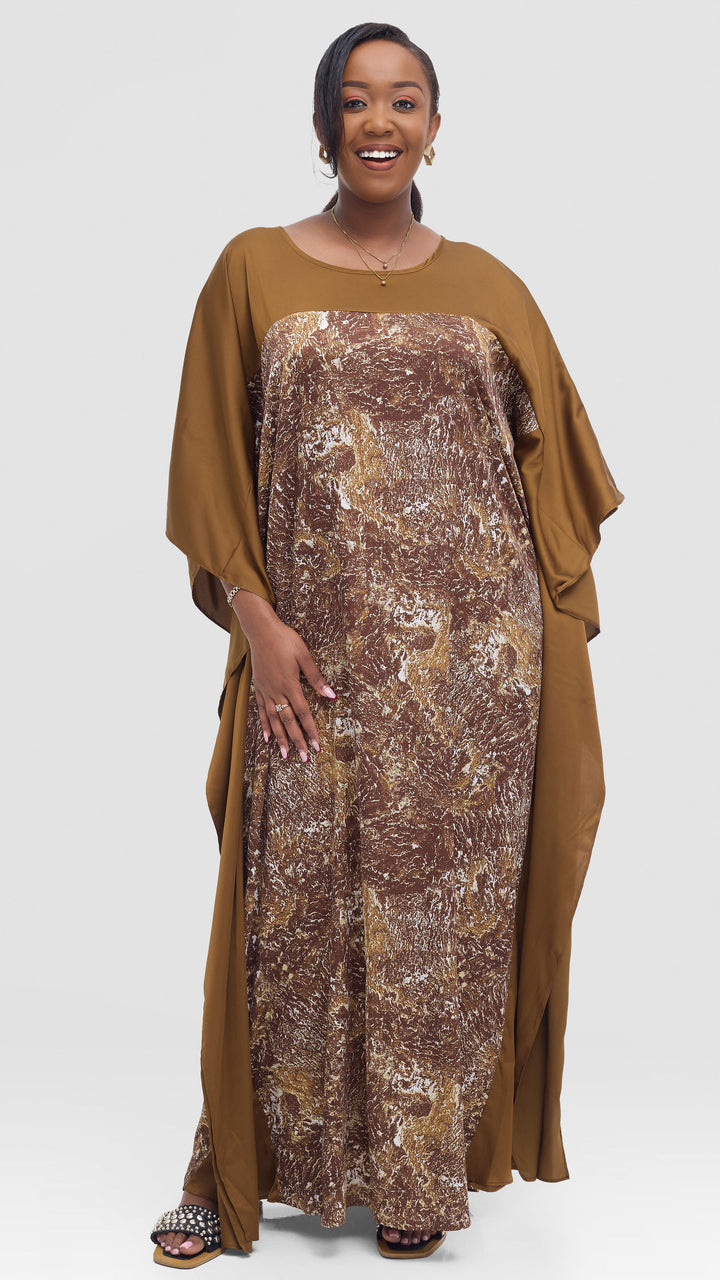 Vivo Keza Satin Border Maxi Kaftan - Brown / Cream Abstract Print