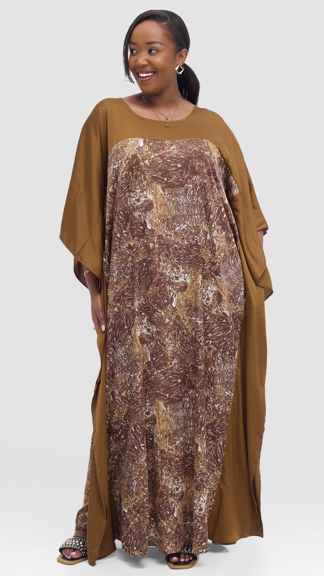 Vivo Keza Satin Border Maxi Kaftan - Brown / Cream Abstract Print
