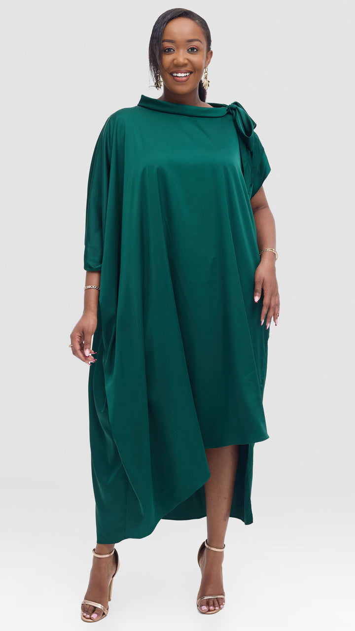 Vivo Takali Asymmetrical Midi Length Kaftan In Satin - Dark Green